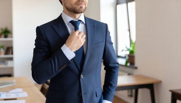 Man in suit adjusting tie professional attire business fashion formal wear corporate look style - Powered by Adobe