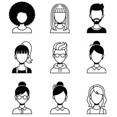 Minimal Line Art Avatar Set — Diverse People Profile Icons in Black and White