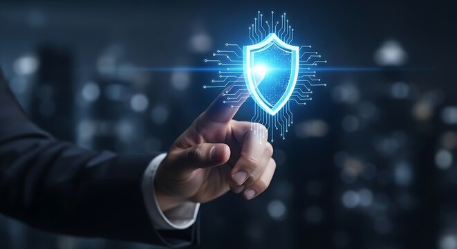 Man touching digital shield on screen in dark office representing cybersecurity and data protection with glowing blue light, conveying trust and safety.