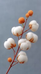Close up product photo of fluffy white cotton bolls on a reddish brown stem with small orange seed pods against a soft gray background in natural lighting