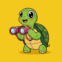 Happy cartoon tortoise holding pink binoculars against a bright yellow background.