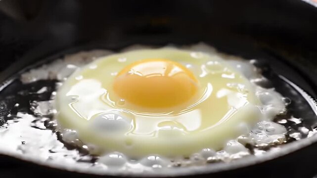 Close-up of a fried egg cooking in a black skillet