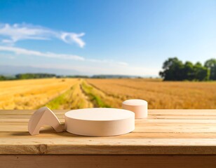 Wooden podiums showcase against a golden wheat field backdrop.