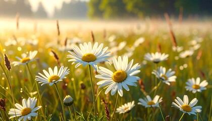 Close-up of sunlit daisies in a blurred meadow field