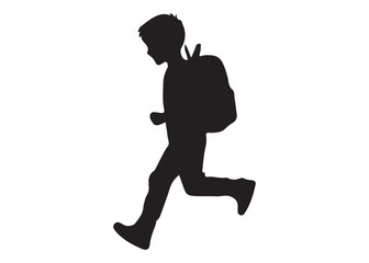 Silhouette of a boy running with backpack