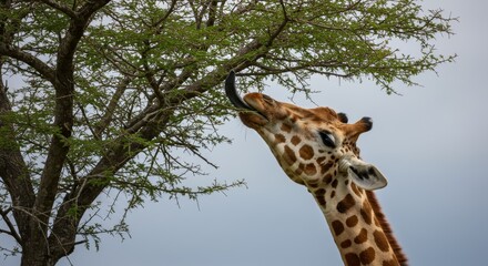 Giraffe extending tongue to feed on leaves from a tall tree against the serene sky, engaging with nature in a unique way