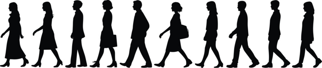 Walking silhouette vector illustration of men and women in motion, perfect for human movement design, lifestyle concept, and animation reference