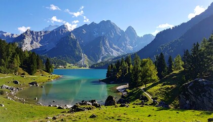 Scenic landscape with a serene lake reflecting mountains and clear sky