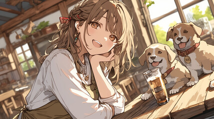 カフェで笑顔の女性と子犬たち　やさしい光に包まれたアニメイラスト
