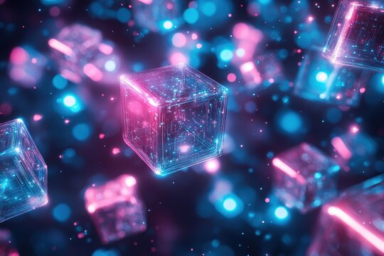 Sparkling Geometric Shapes: Abstract Cubes with Glowing Neon Lights and Bokeh Effects Create a Futuristic Atmosphere