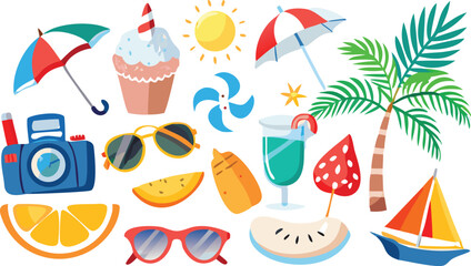 Colorful summer vacation elements including beach items and tropical treats
