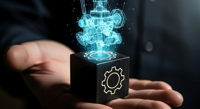 Hand holding cube displaying holographic engine model in dark room with futuristic lighting, showcasing technological advancement and innovation.