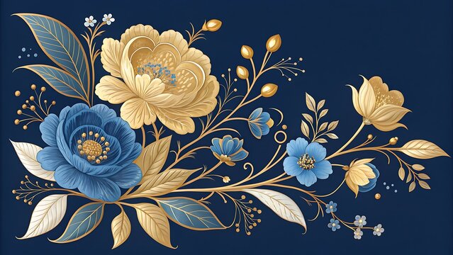 Elegant floral arrangement with gold and blue flowers on a dark blue background ideal for invitations and cards with sophisticated design