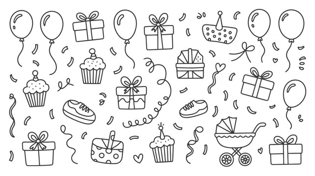 Joyful celebration elements like balloons, cupcakes, gifts, confetti, and a baby stroller create a festive, whimsical pattern for baby showers and birthdays.