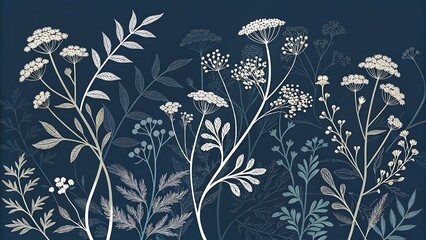 Elegant Floral Pattern with Botanical Elements and Blue Background for Wallpaper and Textile Design with Artistic Details