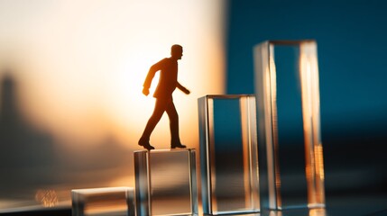 concept of double exposure featuring the silhouette of a new generation entrepreneur climbing a set of stairs. Their figure is merged with a large, crystalline four-sided money structure that 