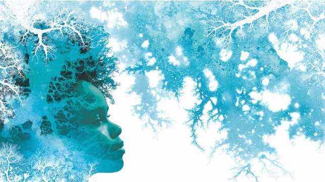 illustration of a double exposure. A side profile of a new generation face is seamlessly integrated with a dense, shimmering network that forms the outer edges of a complex, rotating four-sided 