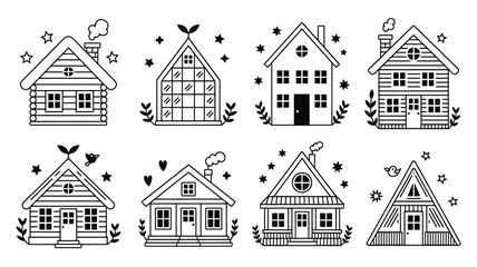 Obraz premium Charming collection of diverse, hand drawn doodle houses with whimsical stars and foliage, perfect for creating cozy, inviting designs