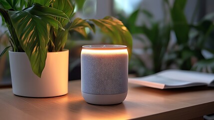 A compact smart speaker integrated into a home network, glowing softly