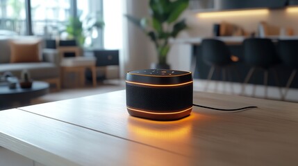 A compact smart speaker integrated into a home network, glowing softly
