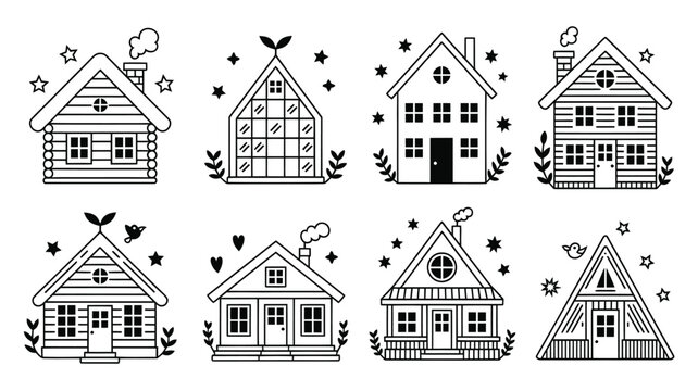 Charming collection of diverse, hand drawn doodle houses with whimsical stars and foliage, perfect for creating cozy, inviting designs