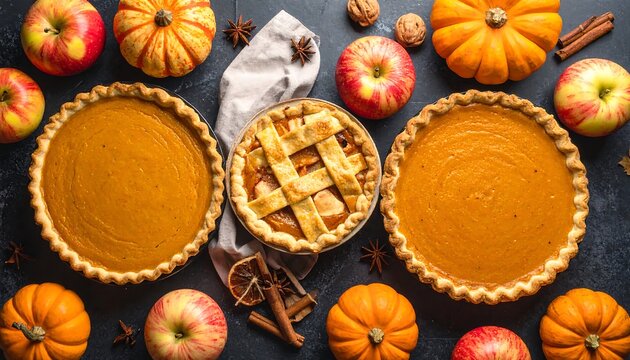 Festive Thanksgiving Feast - Pumpkin and Apple Pies with Autumn Decor.