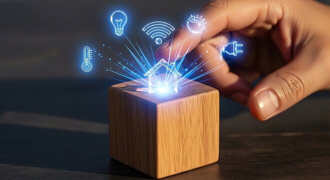 Hand interacts with glowing smart home interface on wooden block, showcasing modern technology and connectivity for a convenient lifestyle. - Powered by Adobe