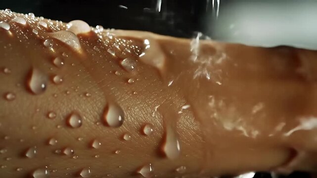 Close-up of water droplets on human skin in refreshing setting