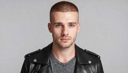 Obraz premium Portrait of handsome man with buzz cut in leather jacket for fashion and style blog