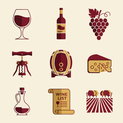 Wine collection featuring glass, bottle, grapes, corkscrew, barrel, cheese, decanter, wine list, and vineyard represents the art of winemaking and tasting, perfect for connoisseurs.