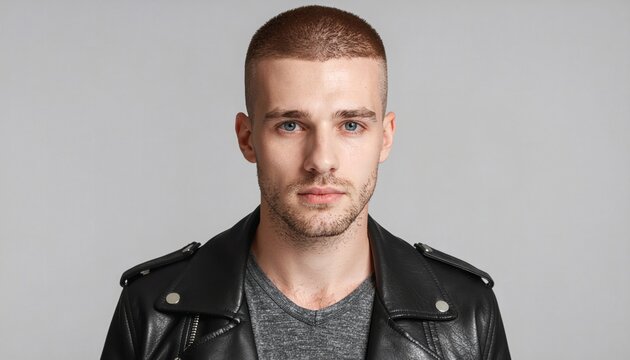 Portrait of handsome man with buzz cut in leather jacket for fashion and style blog