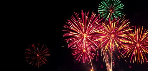 Vibrant exploding fireworks, colorful bursts against night sky,  holiday, fireworks