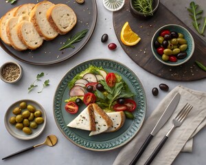 Healthy and fresh salad with tomatoes olives and bread slices elegant food presentation delicious gourmet lunch on table