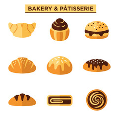 Pastries and breads displayed neatly in bakery showcase, tempting customers with their sweet aromas and delightful appearance, creating a cozy atmosphere.