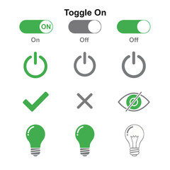 Toggle switches and symbols representing on and off states for user interface elements, indicating power, visibility, and selection in a clean and modern style.
