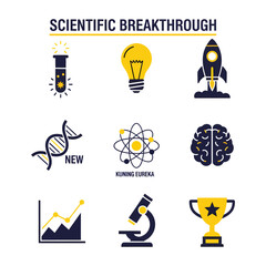 Scientific symbols representing discovery and innovation arranged against a clean white backdrop, symbolizing progress and advancement in a modern, minimalist style.