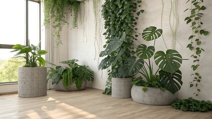 Indoor jungle of various green plants in modern concrete planters creates a serene and natural atmosphere bringing the outdoors in for a relaxing ambiance
