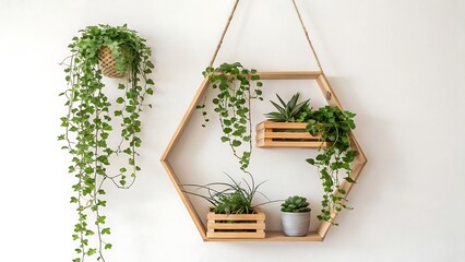 Indoor Plants and Geometric Shelf Decoration with Trailing Vines against a White Wall Background Creating a Natural Home Decor