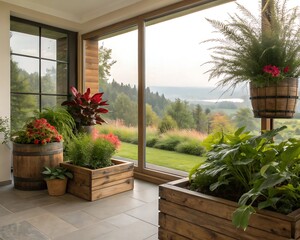 Indoor plants with scenic landscape view through large windows enhancing home decor and connecting with natures beauty