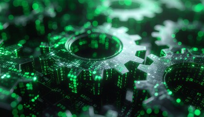 Digital gears technology concept with binary code and green light for engineering use