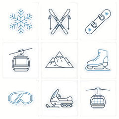 Winter sports equipment arranged neatly on white squares, showcasing a variety of recreational activities in a minimalist style.