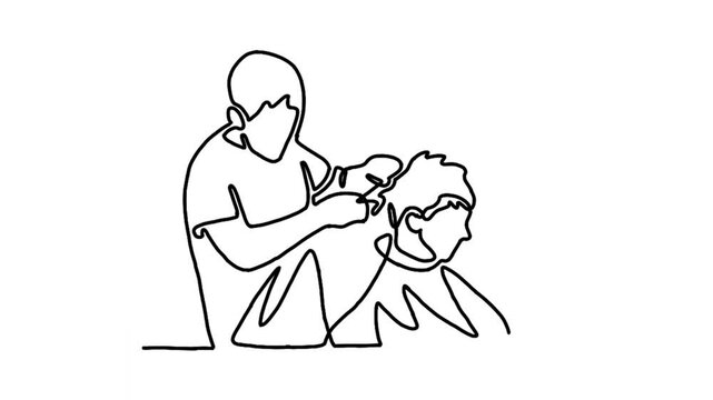 Continuous line animation of hairstylist serving client at barbershop