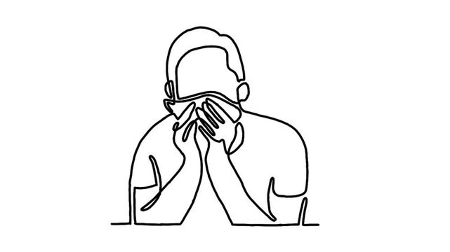 Continue line animation of sick young man holding tissue, sneezing into handkerchief, blowing running nose