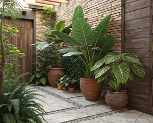 Lush urban garden design featuring tropical plants and textured walls creating a tranquil outdoor living space