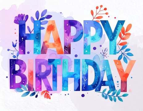 A colorful "Happy Birthday" greeting featuring vibrant letters and floral accents against a soft, watercolor background.