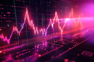 Financial Data Visualization: Glowing Pink Stock Market Chart Showing Volatility and Upward/Downward Trends for Investment Success