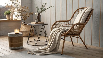 Serene Interior Design Featuring Wicker Chair with Cozy Blanket and Modern Decor Accents Showcasing Relaxing Atmosphere