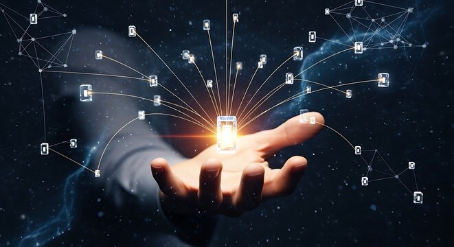 Hand holding glowing data core surrounded by network connections in a futuristic, technological environment, symbolizing innovation and digital transformation.