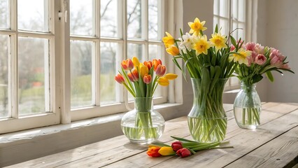 Spring Flowers Tulips and Daffodils in Glass Vases on a Wooden Table by a Window with Natural Light