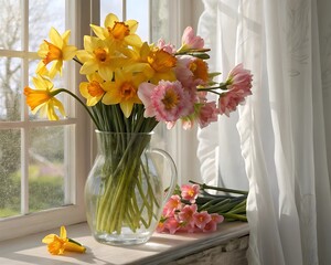 Spring Daffodils and Pink Tulips in Glass Vase on Window Sill with Natural Light Streaming Through White Curtains